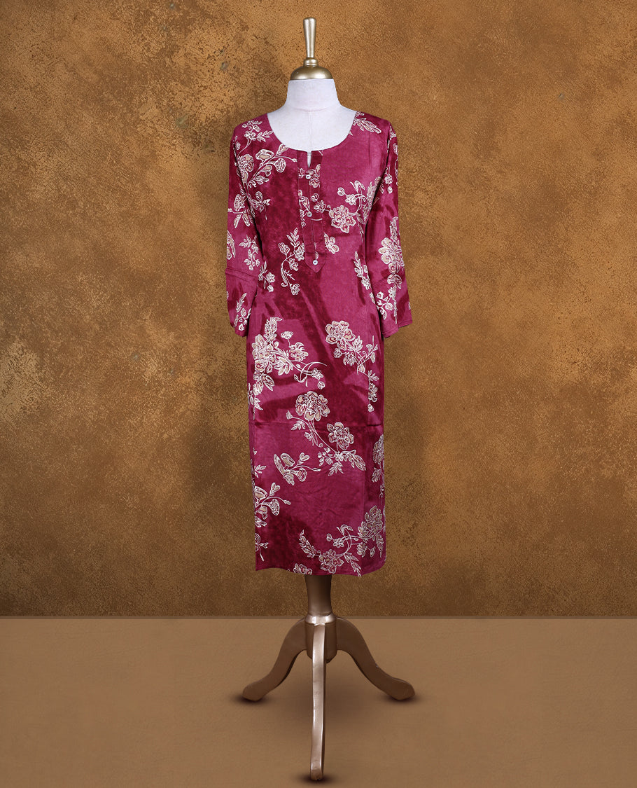 Burgundy & light burgundy double shade colour kurti with styled with a white floral print pattern across body, knee length design, and a sleeve .