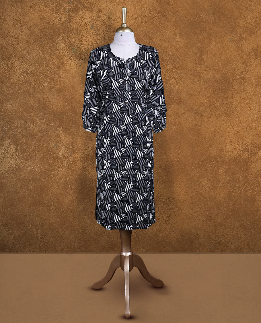 Black colour kurti with styled with round with v split neckline, geometric print pattern across body knee length design, and a sleeve .