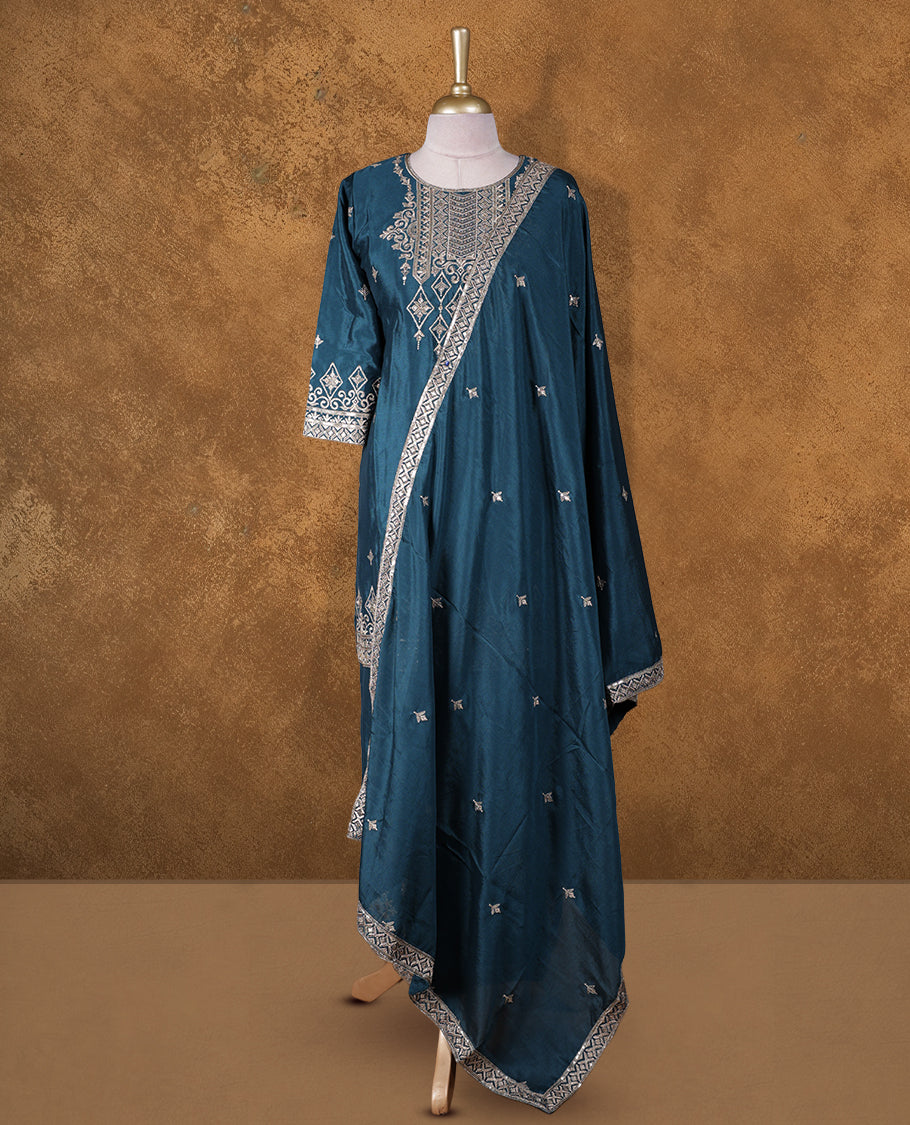 Teal colour sharara set featuring thread embroidered and stone neckline, sleeves, and thread embroidery on body , Paired with a matching dupatta
