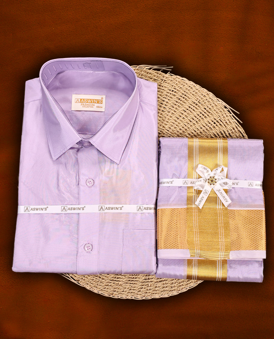 Violet colour Aswin’s wedding set featuring a premium silk finish full sleeve shirt, paired with a matching dhoti accented with elegant golden zari work, ideal for festive and wedding occasions