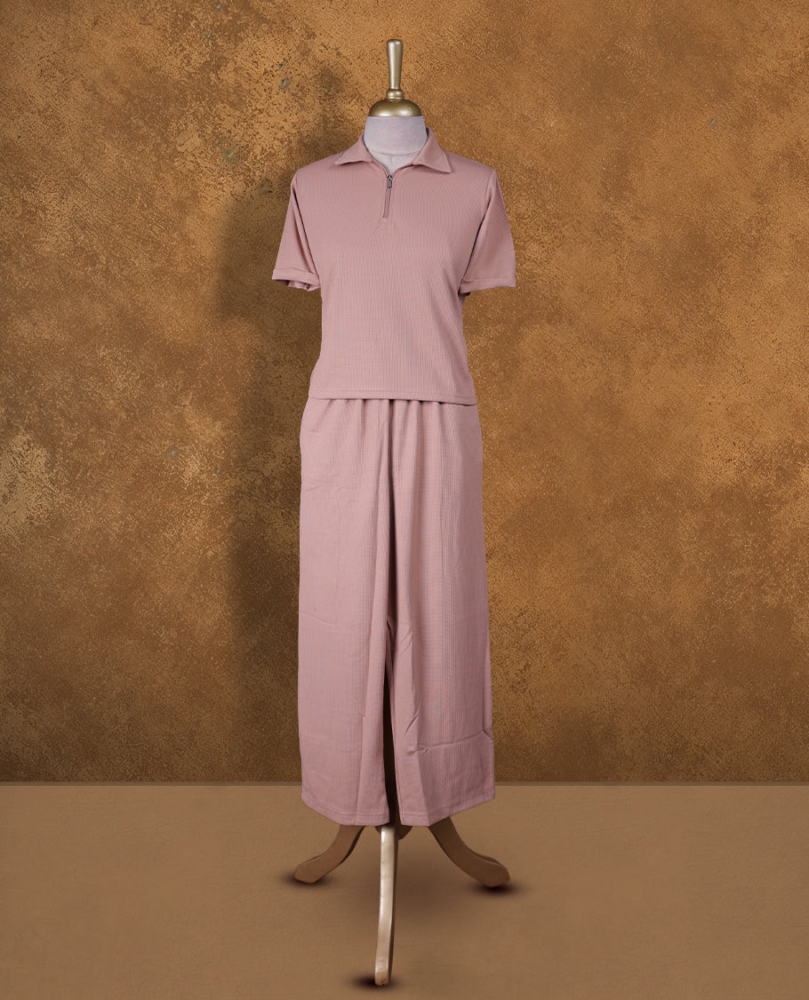 Dusty pink colour coord set with collar neckline & zip details, short sleeve Tshirt design and matching pant