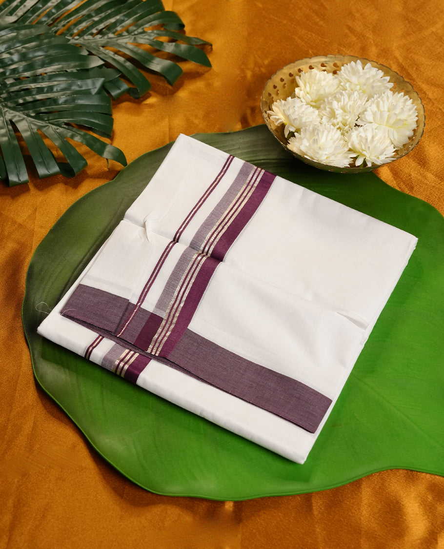 White Colour Pure Cotton double Dhoti with Maroon and silver Colour Simple Border for Men