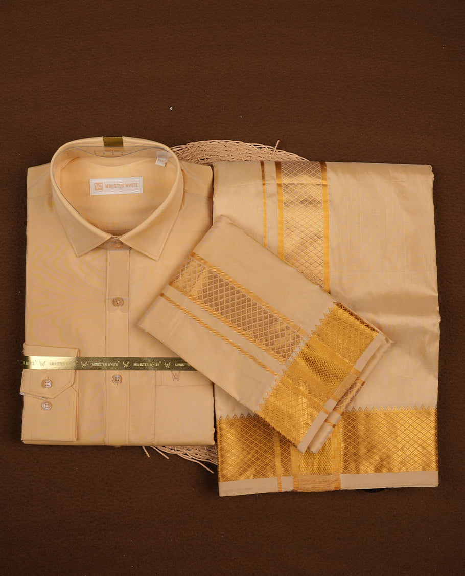 Medium Gold colour MINISTER WHITE shirt paired with a matching dhoti, finishing with a Gold border