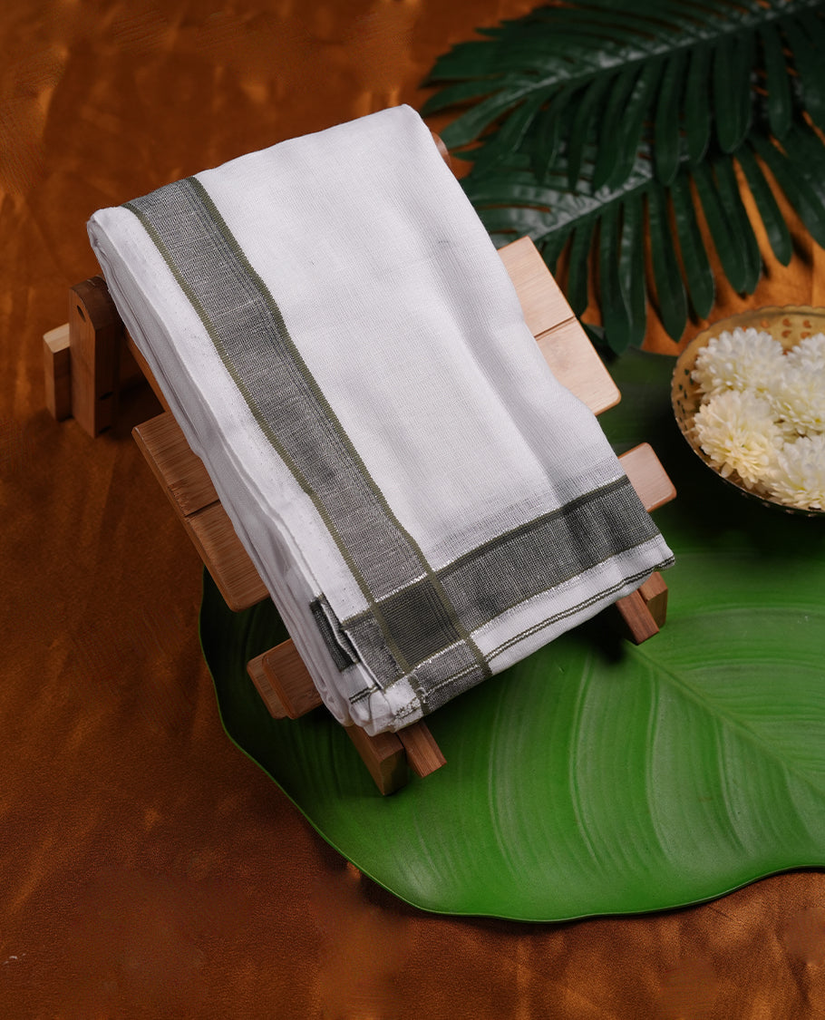 White colour pure linen double Dhoti with Olive green & silver colour border for men