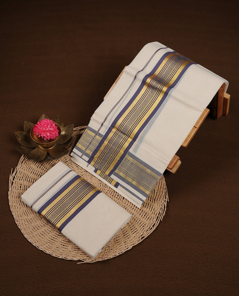 Off white colour cotton set mundu highlights gold and dark blue zari border (2.00/2.80 MTS).