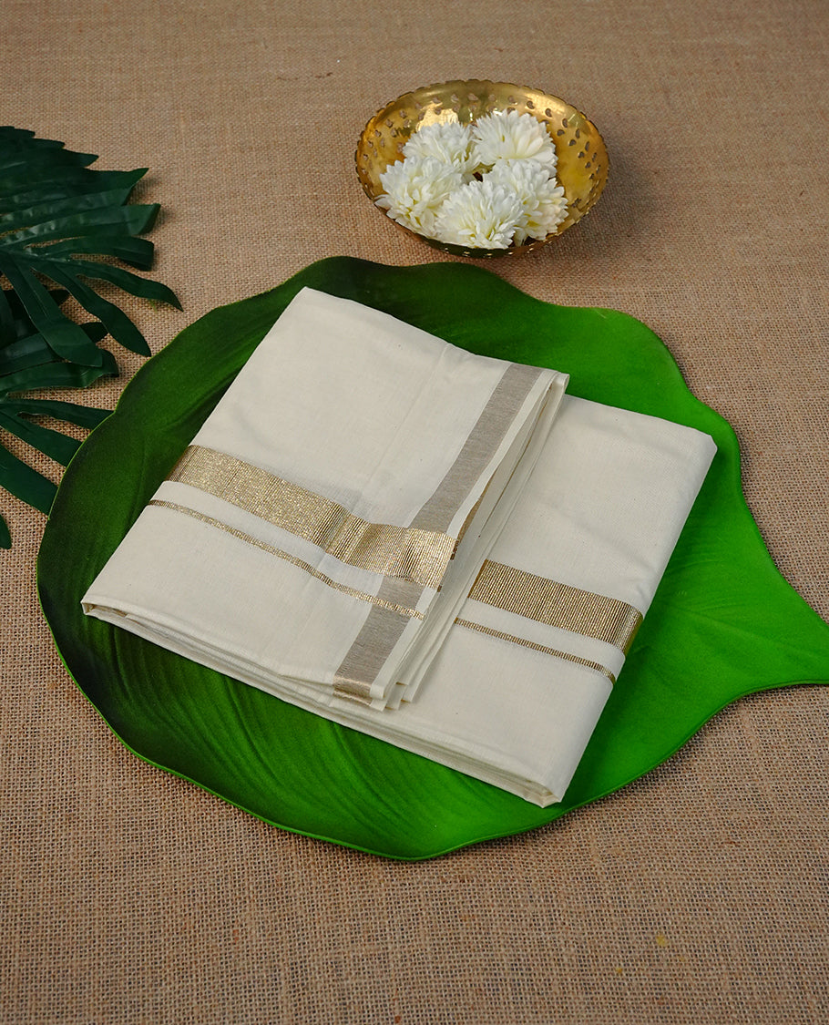 Cream colour Cotton Double dhoti featuring plain with Light Gold kara.