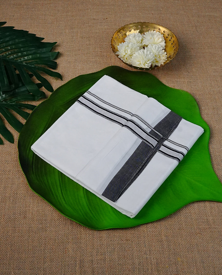 White Colour Cotton Double Dhoti Finished With A Classic Body and Black & Light Black Kara