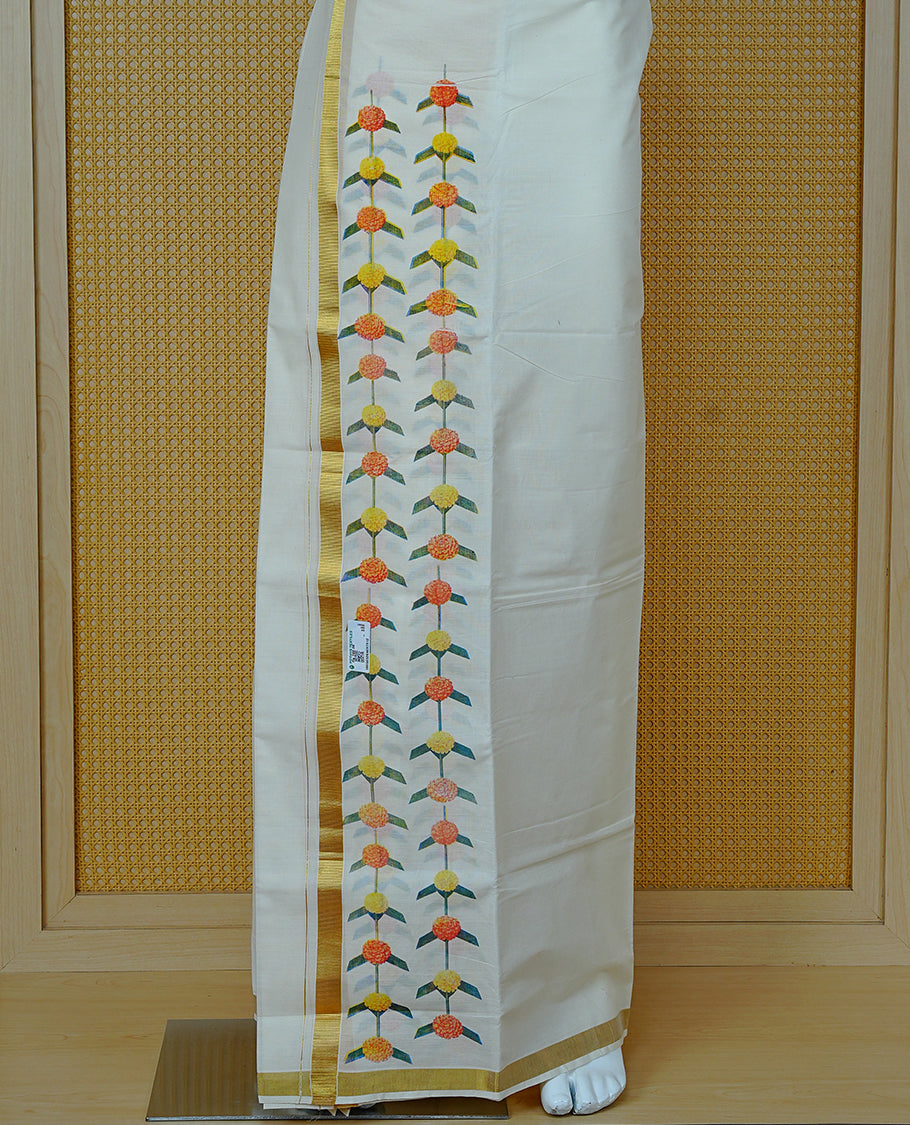 Cream Colour Cotton Double Dhoti Finished With Yellow , Orange Floral Prints With Gold kara.