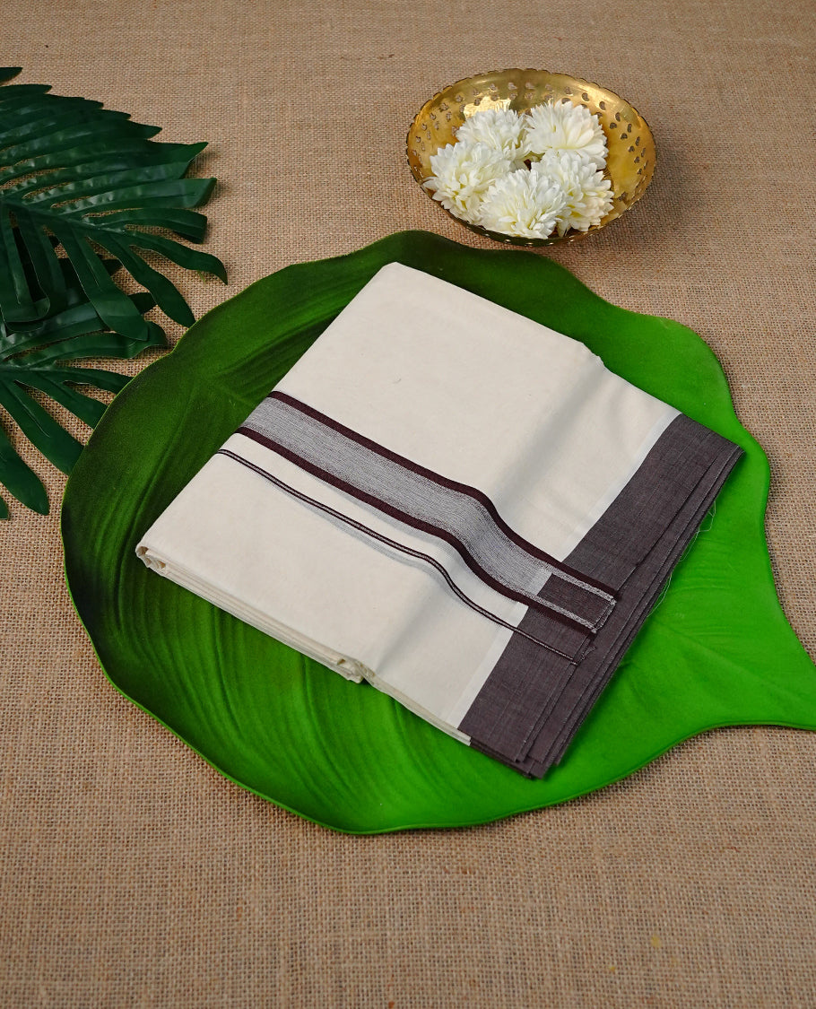 Cream Colour Cotton Double Dhoti Finished With A Classic Body and Brown & Grey Kara