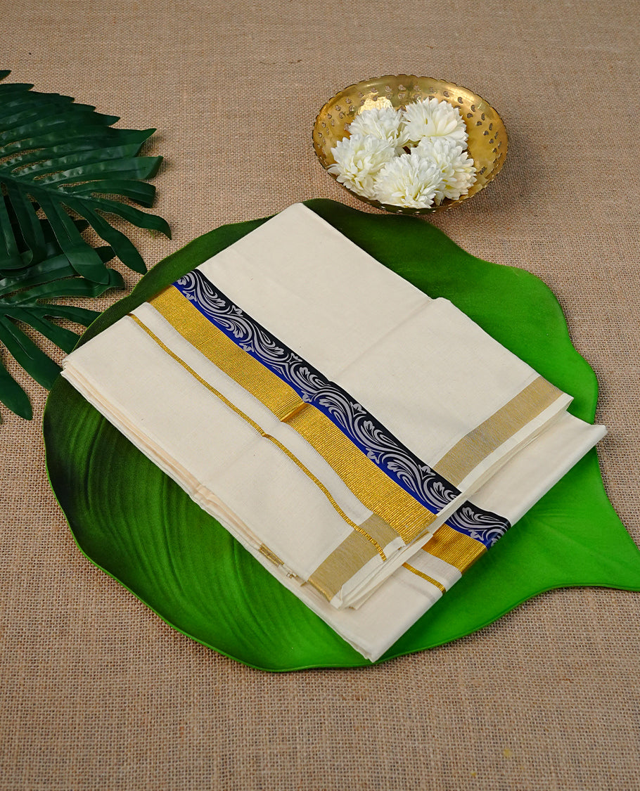 Cream Colour Cotton Double Dhoti Finished With Black & Blue Prints In Gold kara.