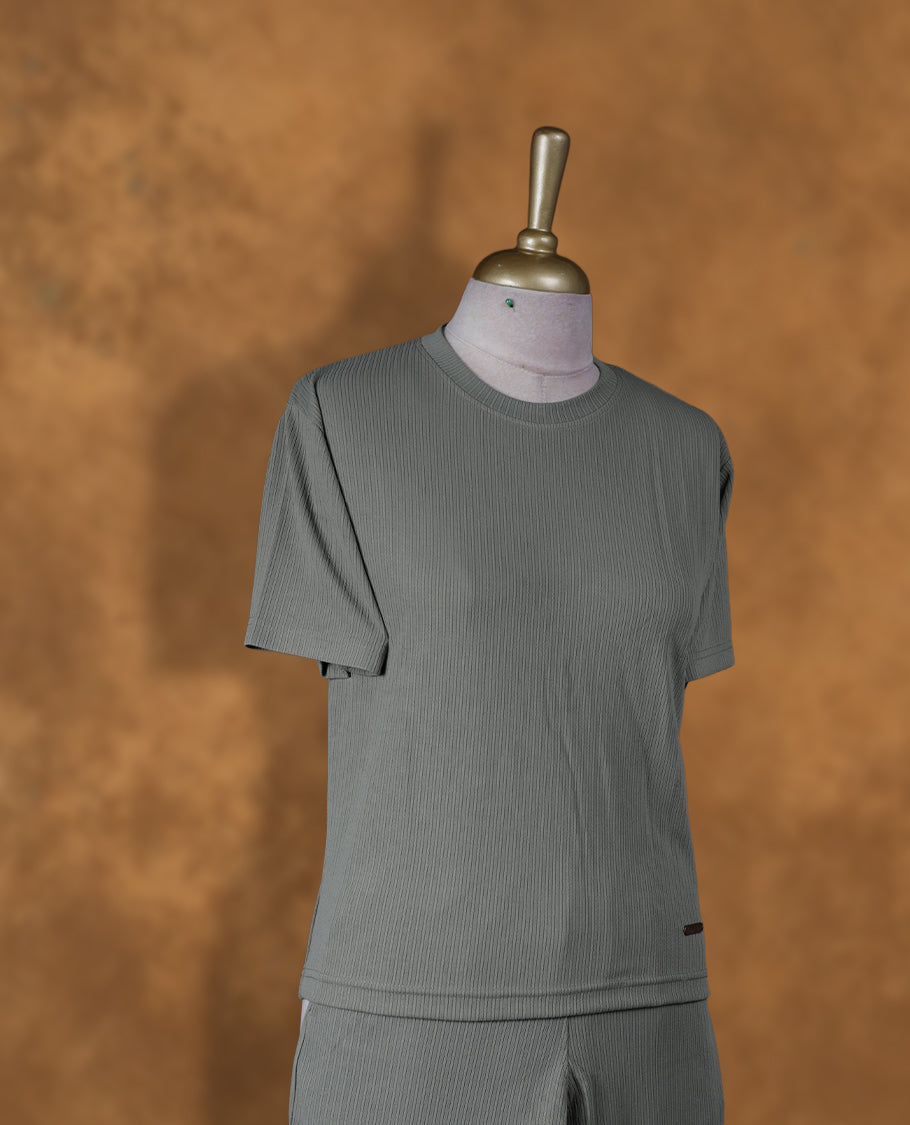 Dusty green colour coord set with round neckline, short sleeve Tshirt design and matching pant