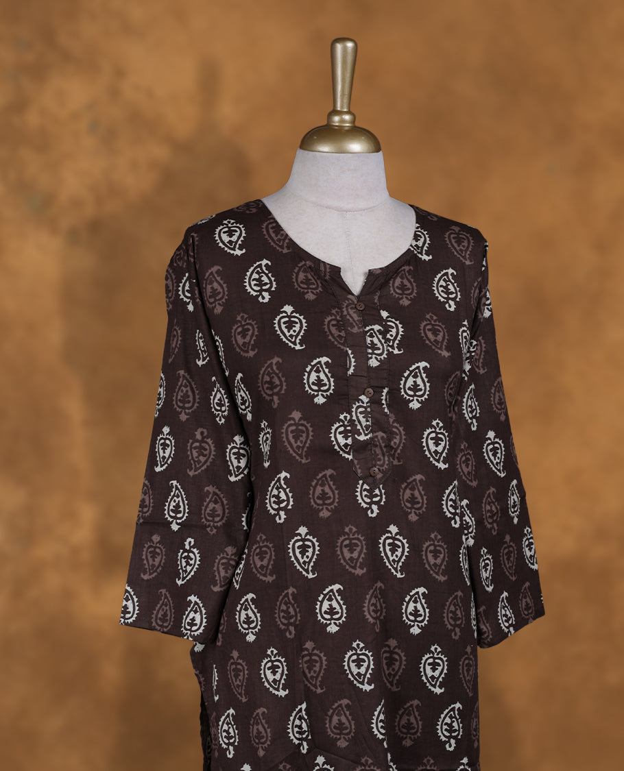 Chocolate brown colour kurti with styled with a round whit split neckline & print pattern across body, knee length design, and a sleeve .