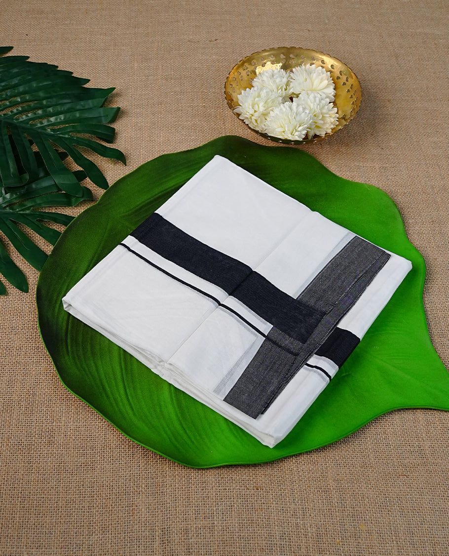 White Colour Cotton Double Dhoti Finished With A Classic Body Black Kara
