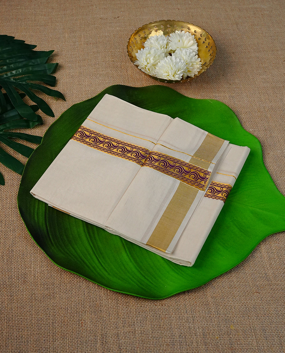 Cream Colour Cotton Double Dhoti Finished With Purple Prints On Gold kara.