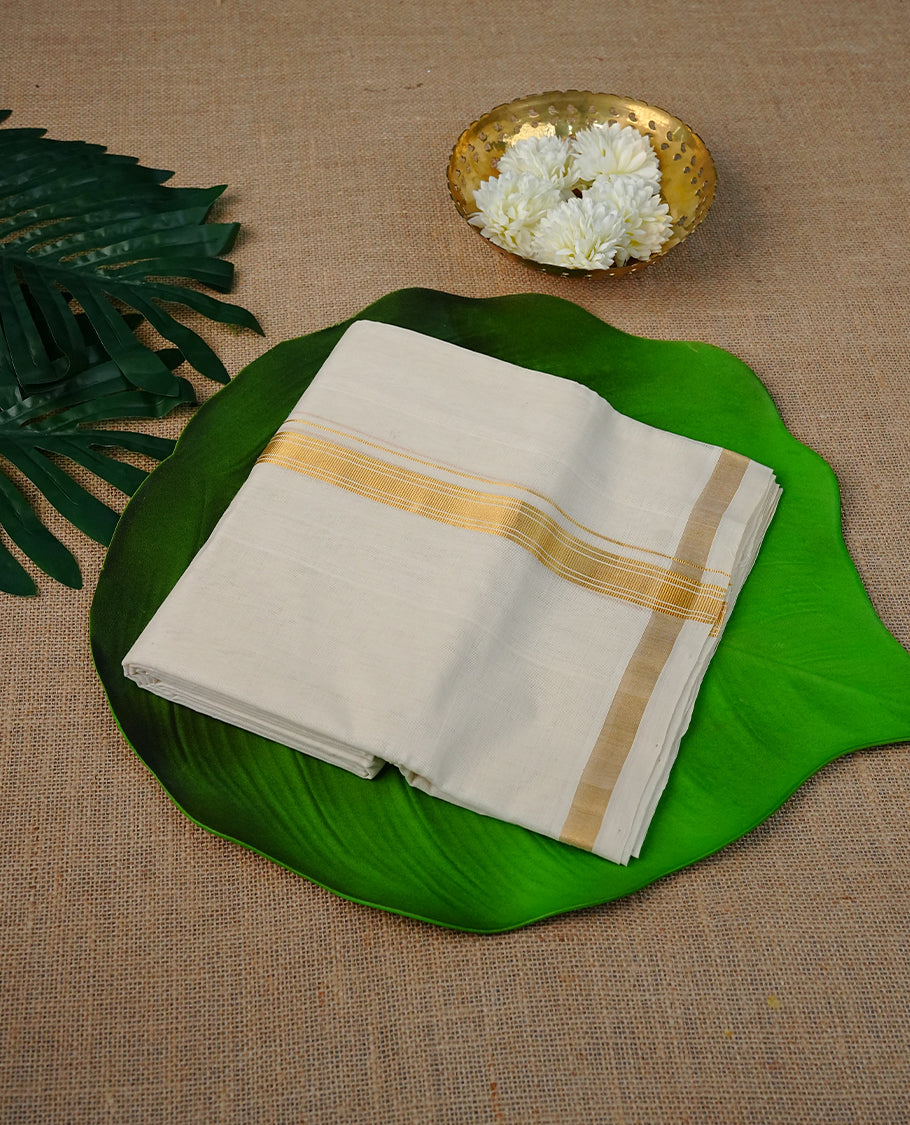 Cream colour Cotton Double dhoti featuring plain with Gold kara.