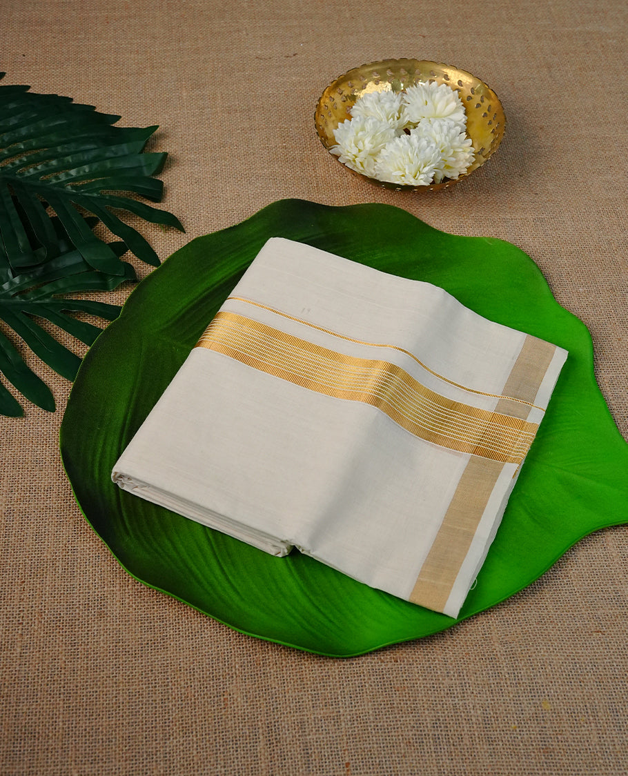 Cream Colour Cotton Double Dhoti Finished With A Classic Gold Kara