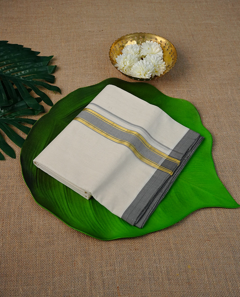 Cream Colour Cotton Double Dhoti Finished Plain Body With A Classic Grey & Gold Kara