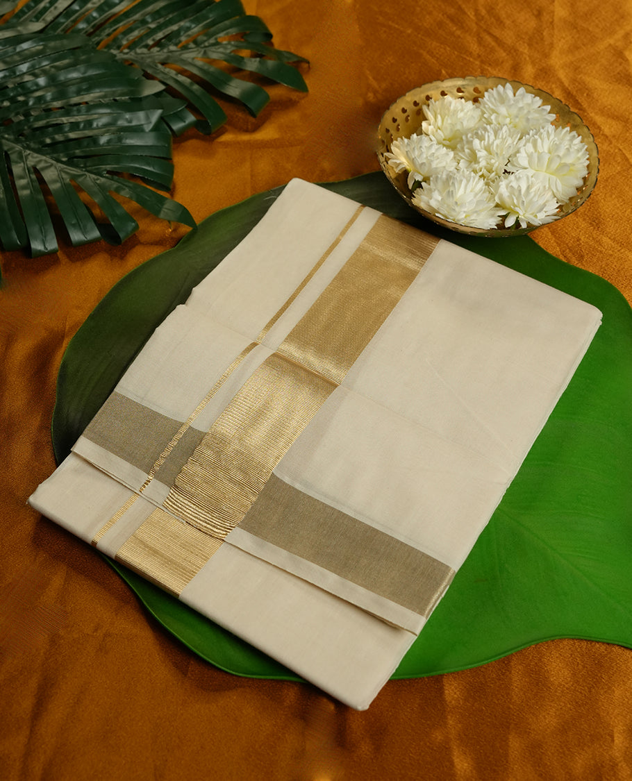 Cream Colour Pure Cotton double Dhoti with Gold Colour Border for Men