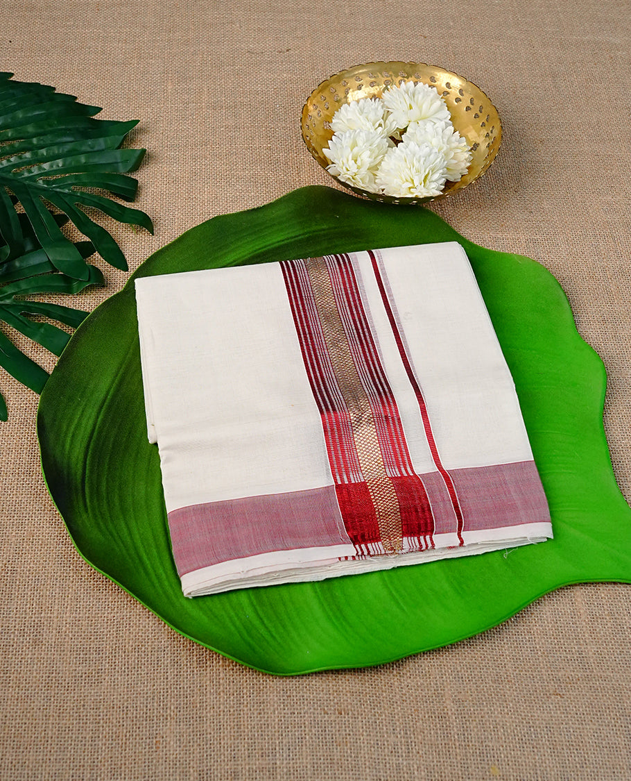 Cream Colour Cotton Double Dhoti Finished With Red & Gold Zari kara.