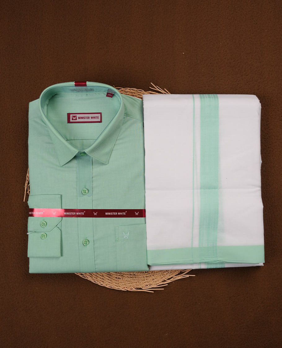 Pastel green Colour MINISTER WHITE shirt paired with a matching dhoti, finished with a Pastel green colour border.