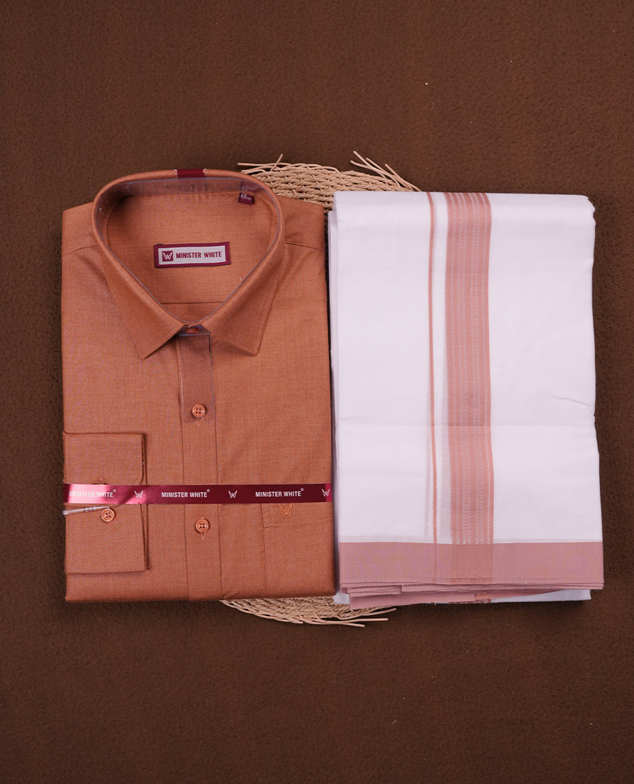 Brown Colour MINISTER WHITE shirt paired with a matching dhoti, finished with a Brown colour border.