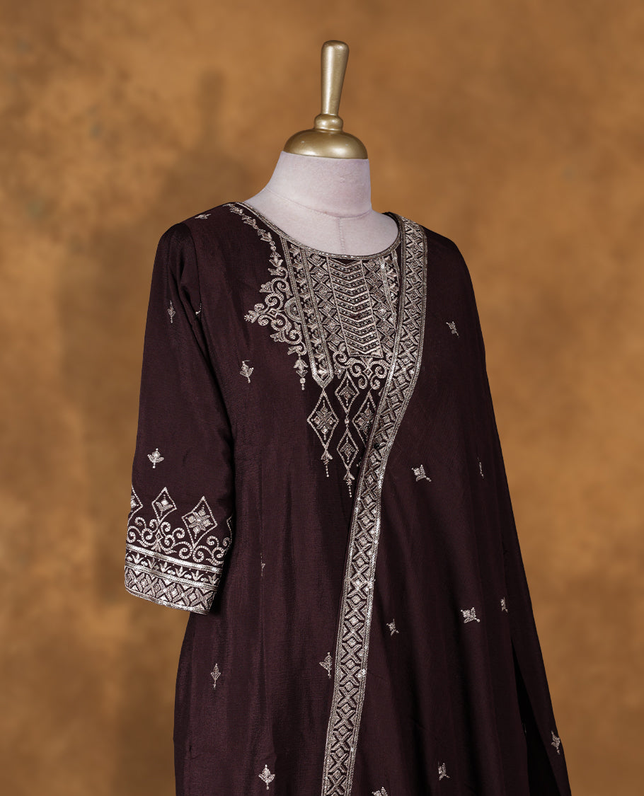 Chocolate brown colour sharara set featuring gold colour thread and cut beats embroidered neckline, sleeves, and thread embroidery on body , Paired with a matching dupatta