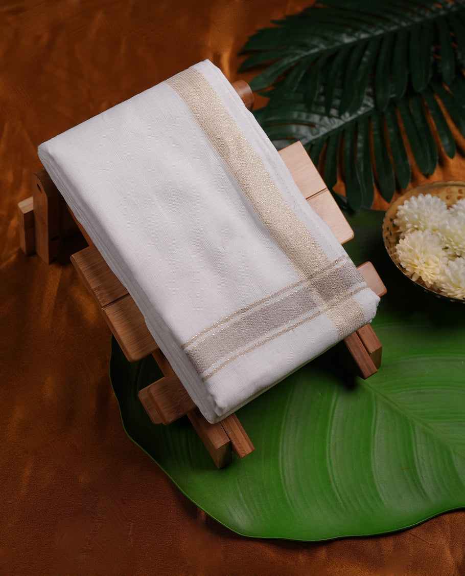 White colour pure linen double Dhoti with Gold & Light brown colour border for men