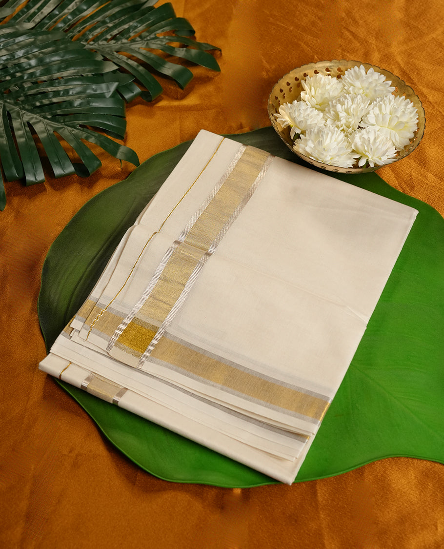 Cream Colour Pure Cotton double Dhoti with Silver and gold Colour Border for Men