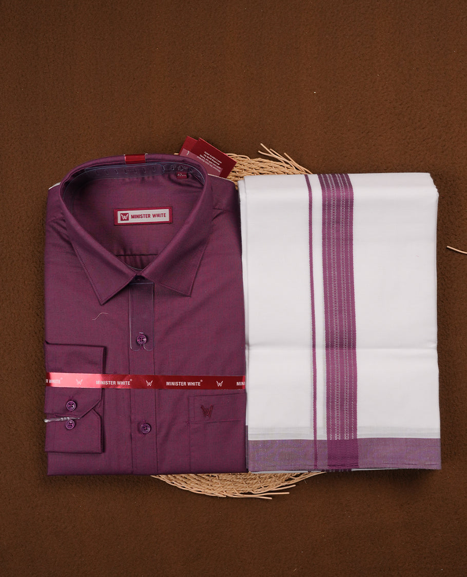 Deep purple Colour MINISTER WHITE shirt paired with a matching dhoti, finished with a Deep purple colour border.