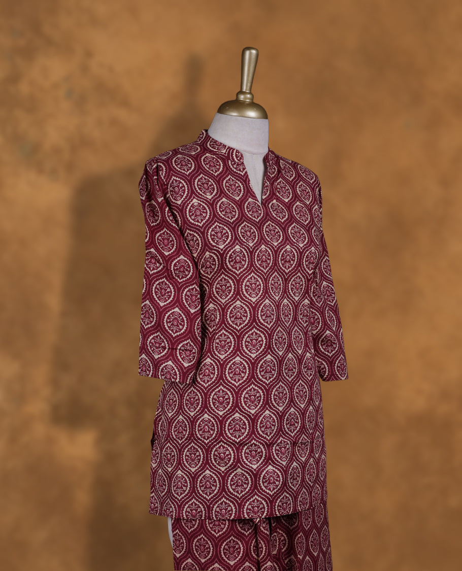 Brown colour coord set featuring cream colour print pattren, mandarin collar, and sleeves, Paired with matching pants.