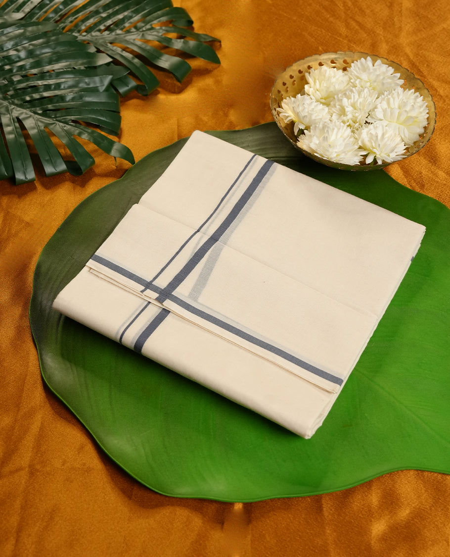 Cream Colour Pure Cotton double Dhoti with Dark blue Colour Border for Men