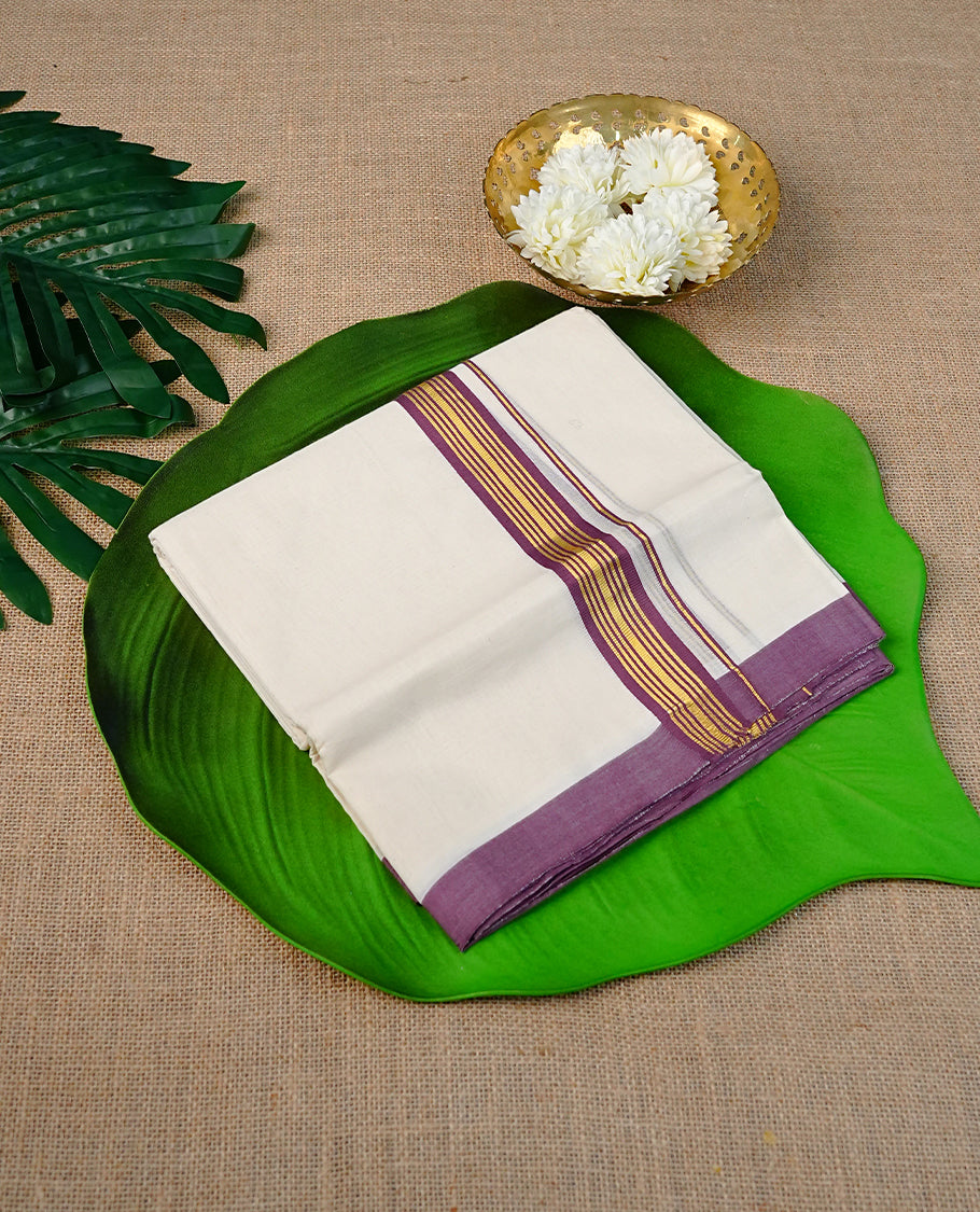 Cream colour Cotton Double dhoti featuring plain Body with Grape & Gold Striped kara.