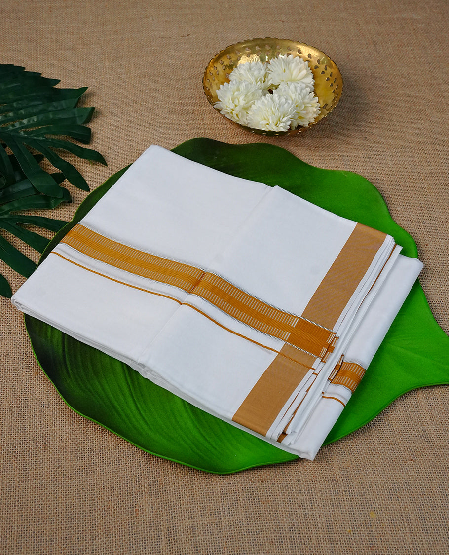 Off White Colour Cotton Double Dhoti Finished With A Classic Mustard & Silver kara.