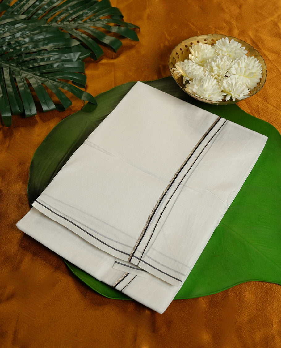 White Colour Pure Cotton double Dhoti with Silver and Black Colour simple Border for Men