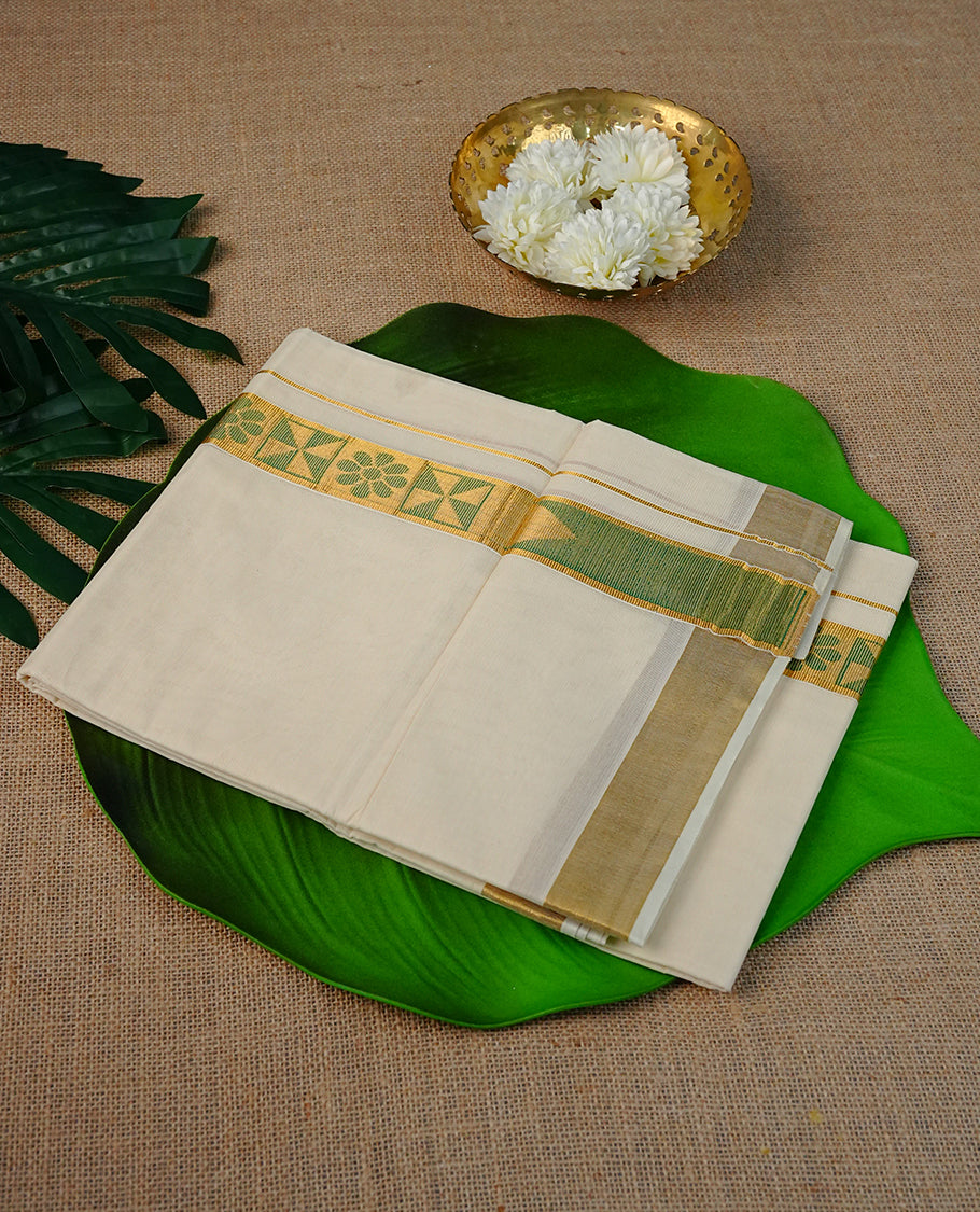 Cream Colour Cotton Double Dhoti Finished with Green Floral Work on Gold Kasavu Kara