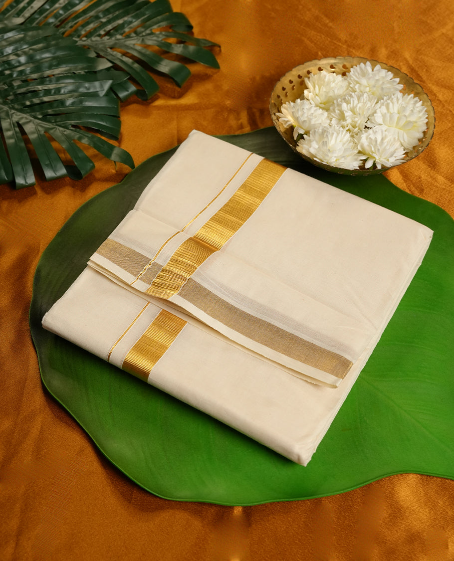 Cream Colour Pure Cotton double Dhoti with Gold Colour Traditional Border for Men