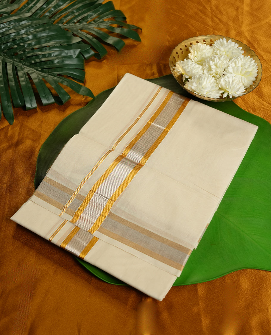Cream Colour Pure Cotton double Dhoti with Silver and gold Colour Border for Men