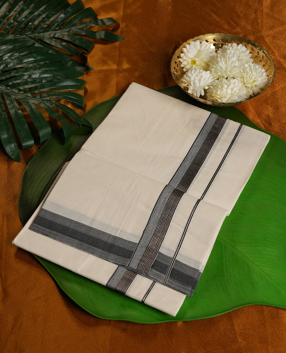 White Colour Pure Cotton Single Dhoti with Black and silver Colour Border for Men