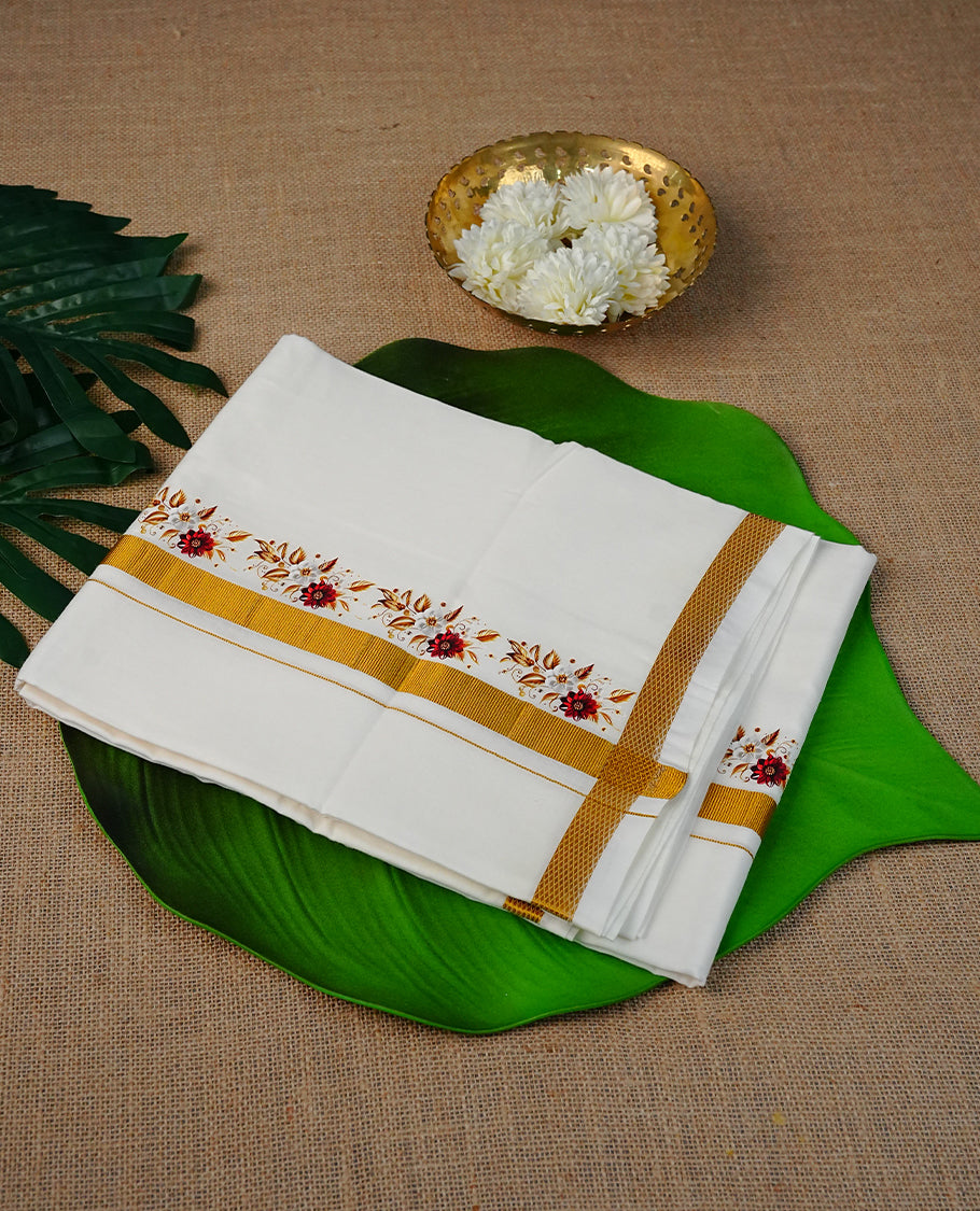 Off White Colour Cotton Double Dhoti Finished With A Classic Gold & Floral Digital printed kara.