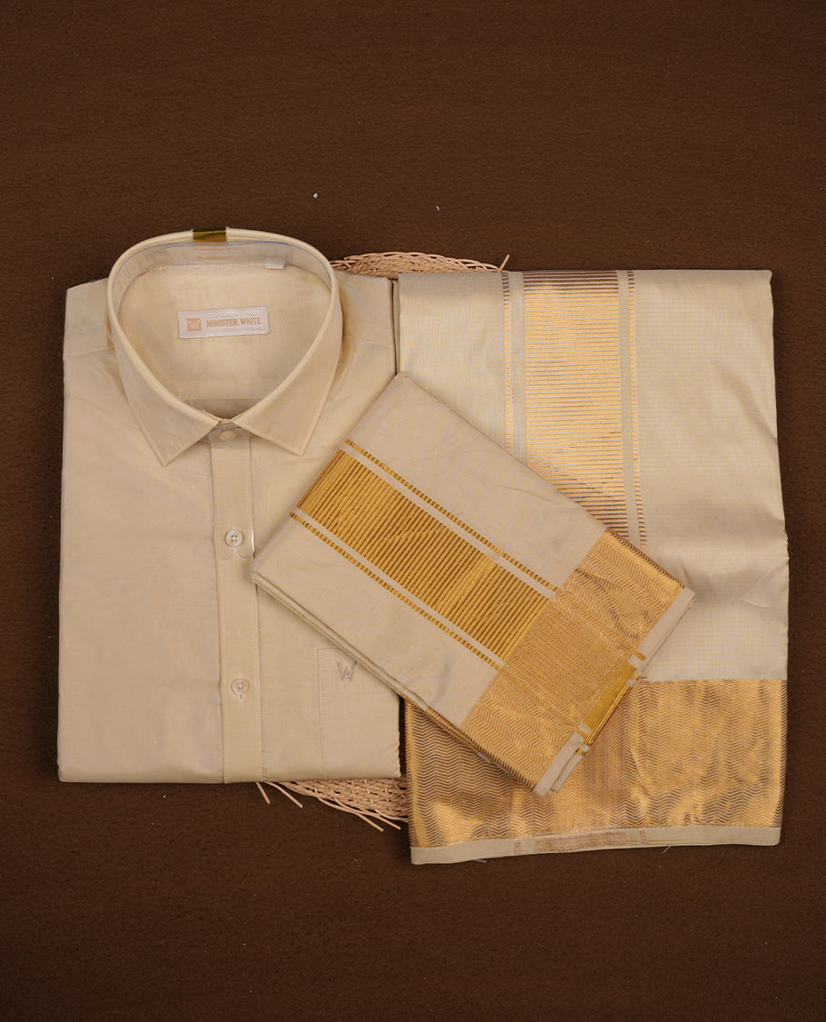 Medium gold colour MINISTER WHITE shirt paired with a matching dhoti, finishing with a gold border
