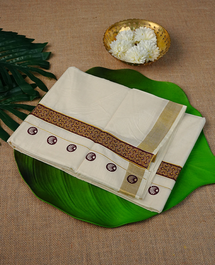 Cream Colour Cotton Double Dhoti Finished With Maroon Prints On Gold kara.