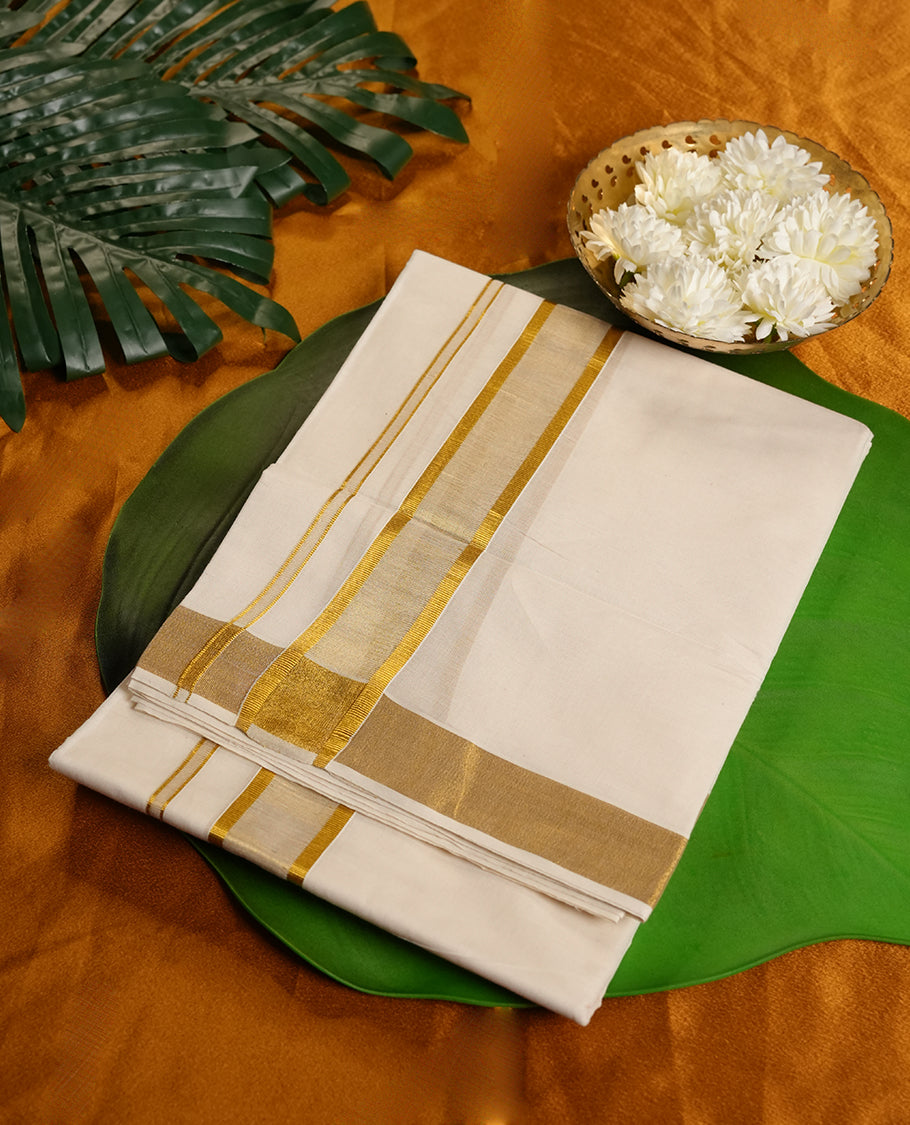 Cream Colour Pure Cotton double Dhoti with Gold Colour Border for Men