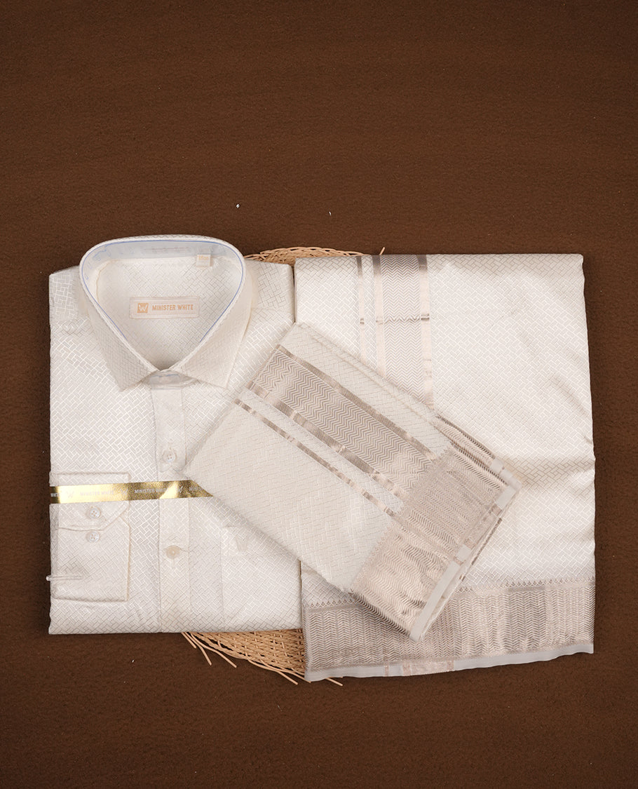 White silver colour MINISTER WHITE shirt paired with a matching dhoti, finishing with a silver border