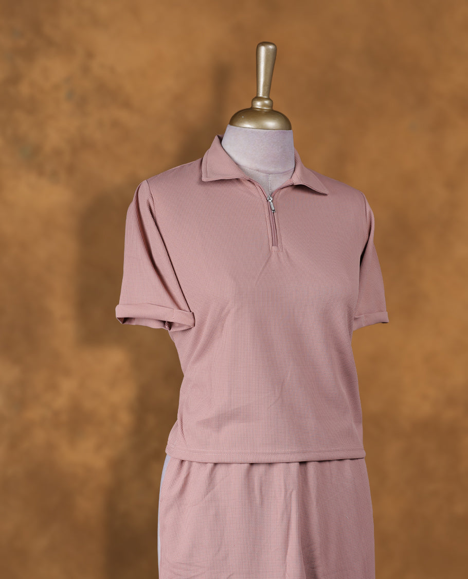 Dusty pink colour coord set with collar neckline & zip details, short sleeve Tshirt design and matching pant