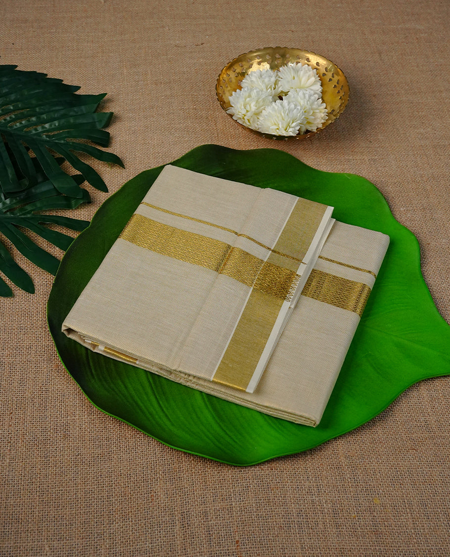 Cream Colour Tissue Double Dhoti Finished With A Classic Golden Zari Kara with Maroon colour digital print
