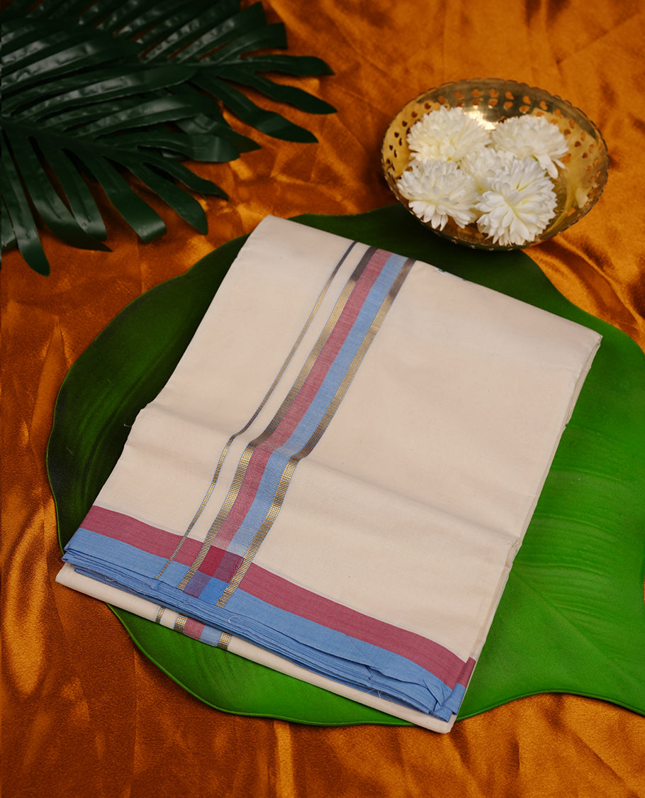 Cream colour cotton double dhoti featuring grey red and blue colour border