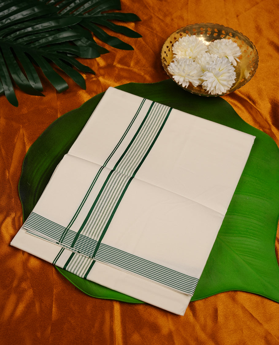 Cream colour RAMRAJ cotton single dhoti featuring green colour stripe zari border