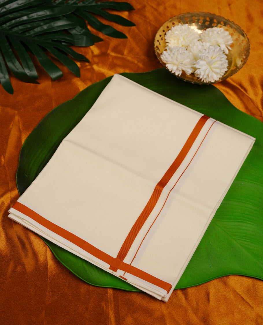Cream colour RAMRAJ cotton single dhoti fearturing rusted orange colour simple border