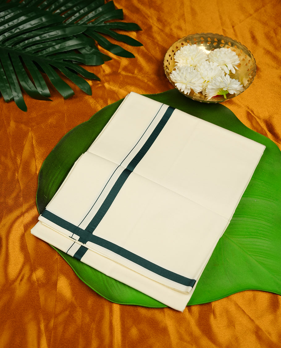 Cream colour MCR cotton single dhoti fearturing dark green colour simple border