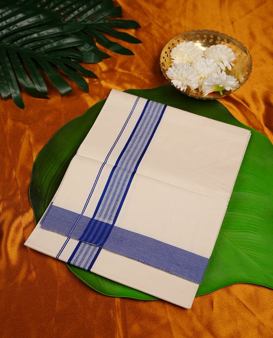 Cream colour MCR cotton single dhoti featuring navy blue colour zari border
